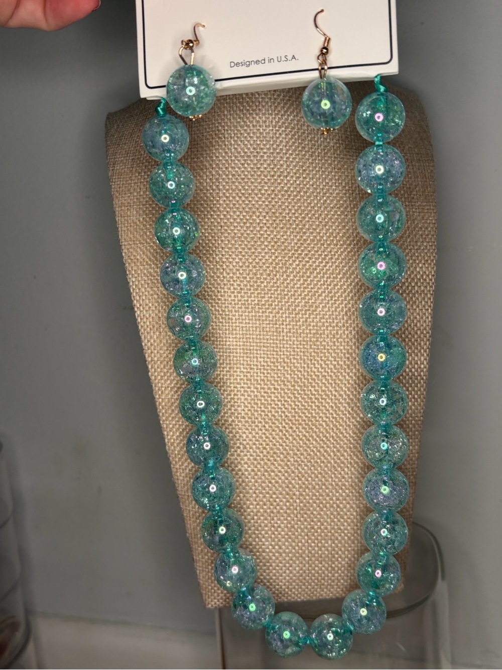 Cielo New York Aqua Glitter Bead Necklace & Earrings Set
